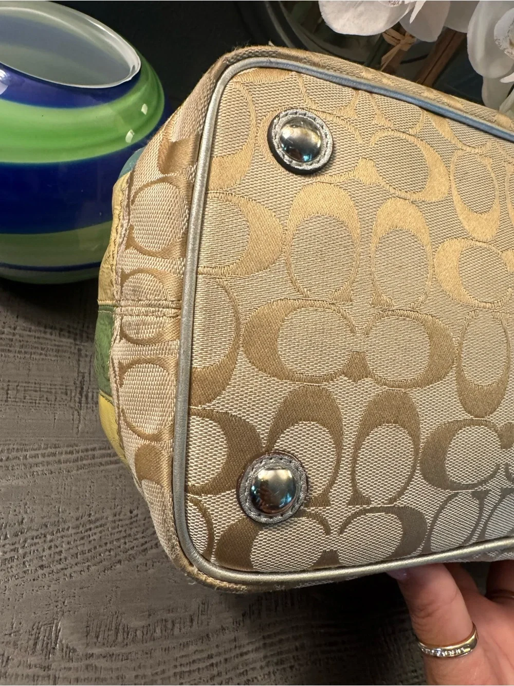 EUC Coach KISS LOCK Signature Canvas Tote with Multicolor Leather Patches 2 Tags